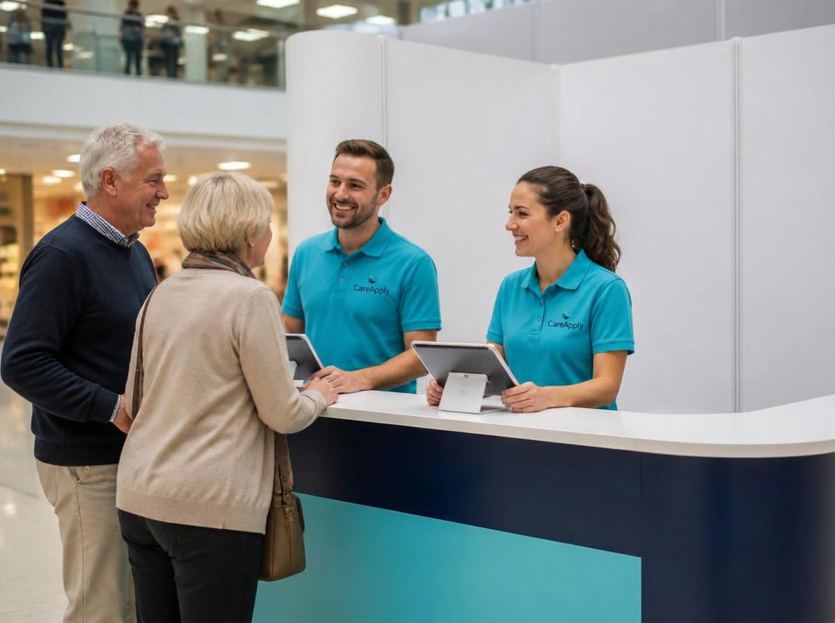 Moderner Informationsstand in einem Einkaufszentrum mit zwei Beratenden